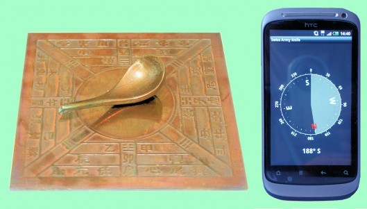 On the left appears a Han dynasty magnetic compass, in which a lodestone spoon rotates on ...