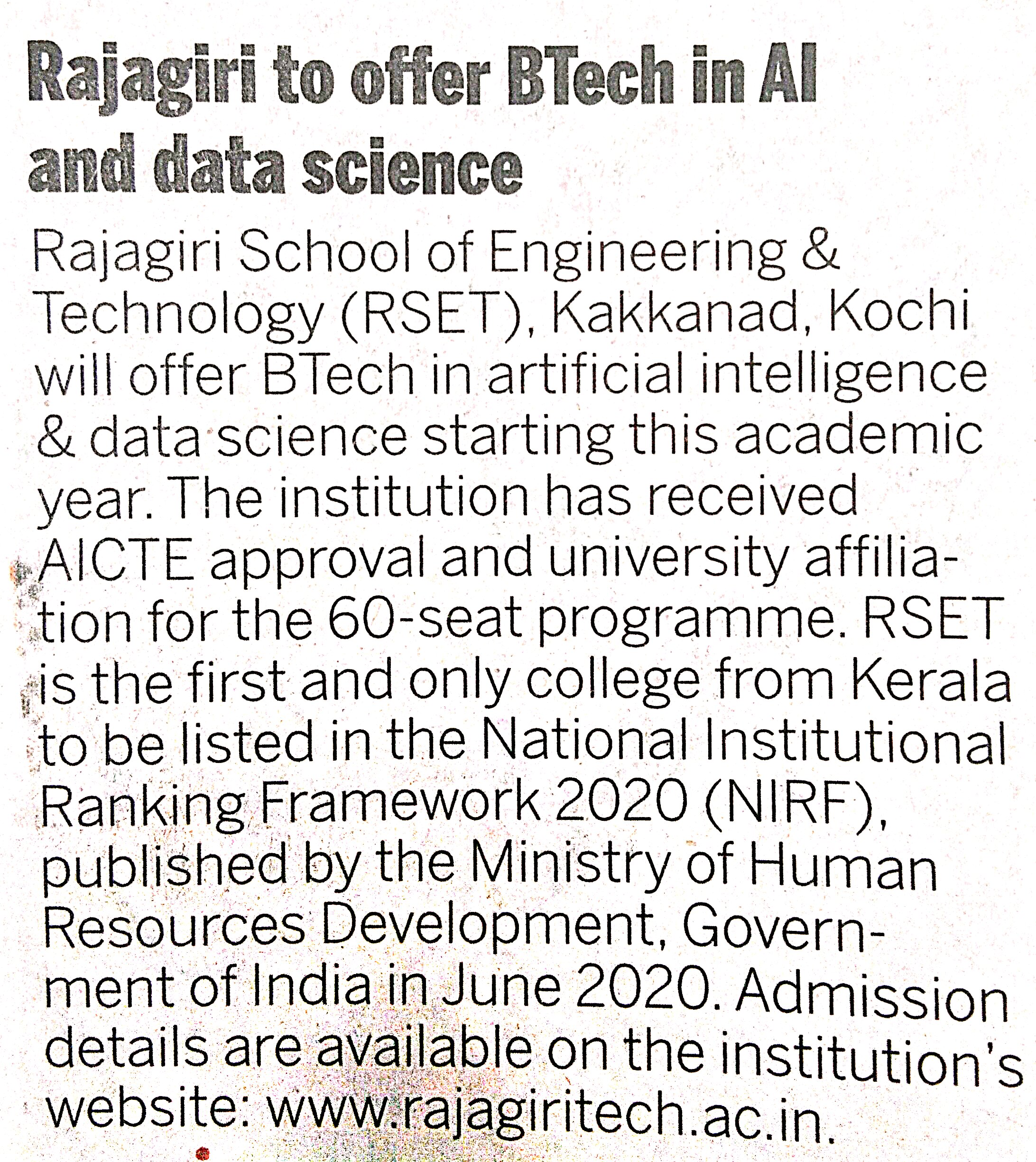 R S E T offer B,Tech in artificial intelligence and data science