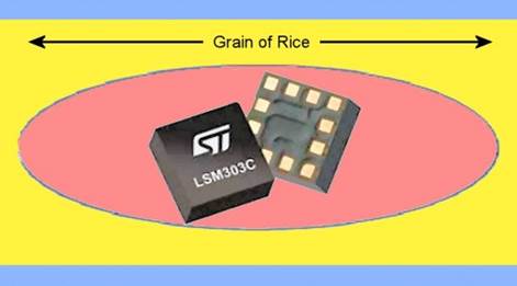 The tiny eCompass chip provides magnetometer and accelerometer capabilities (Image: STMicr...