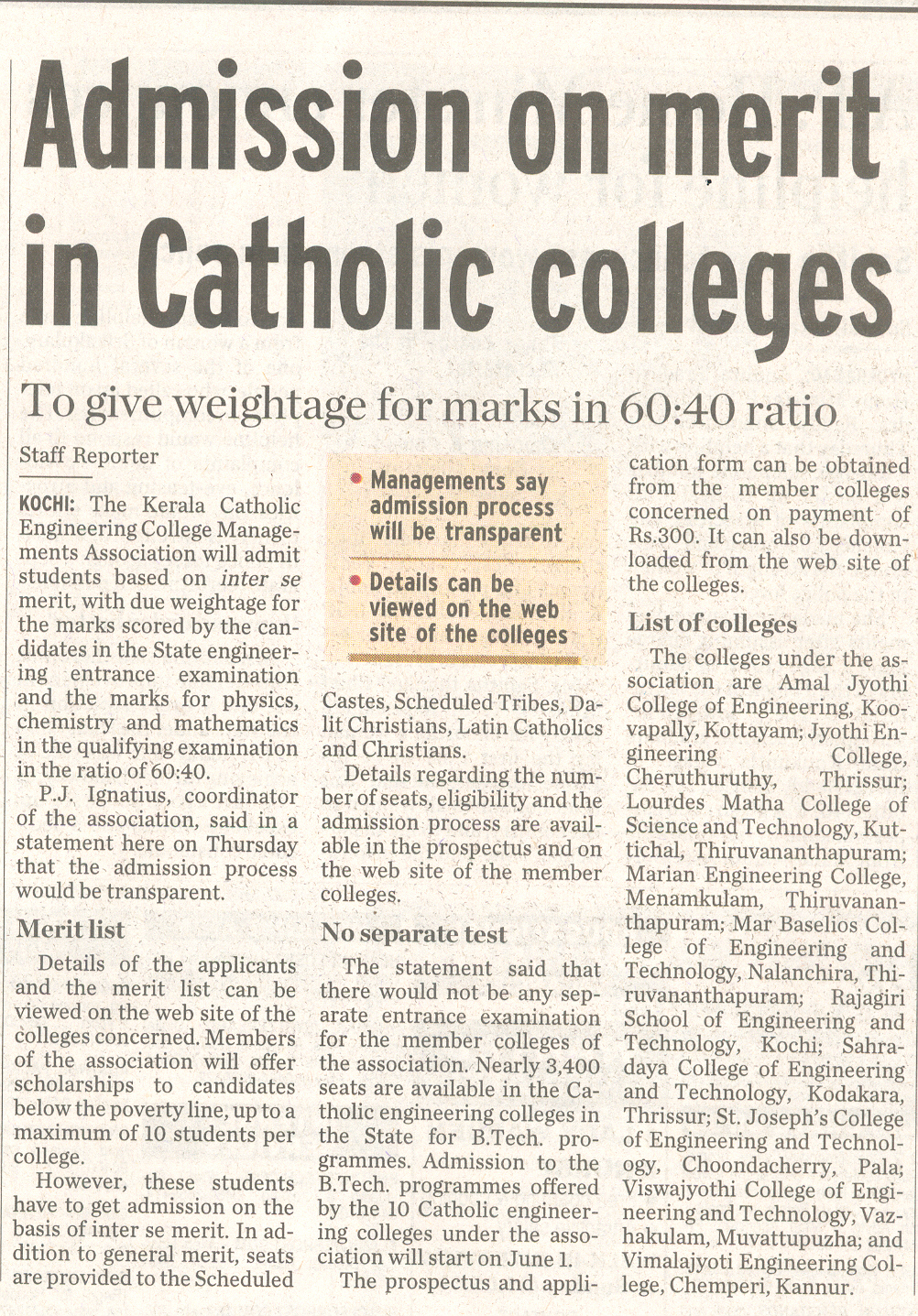 Admission on merit in catholic colleges