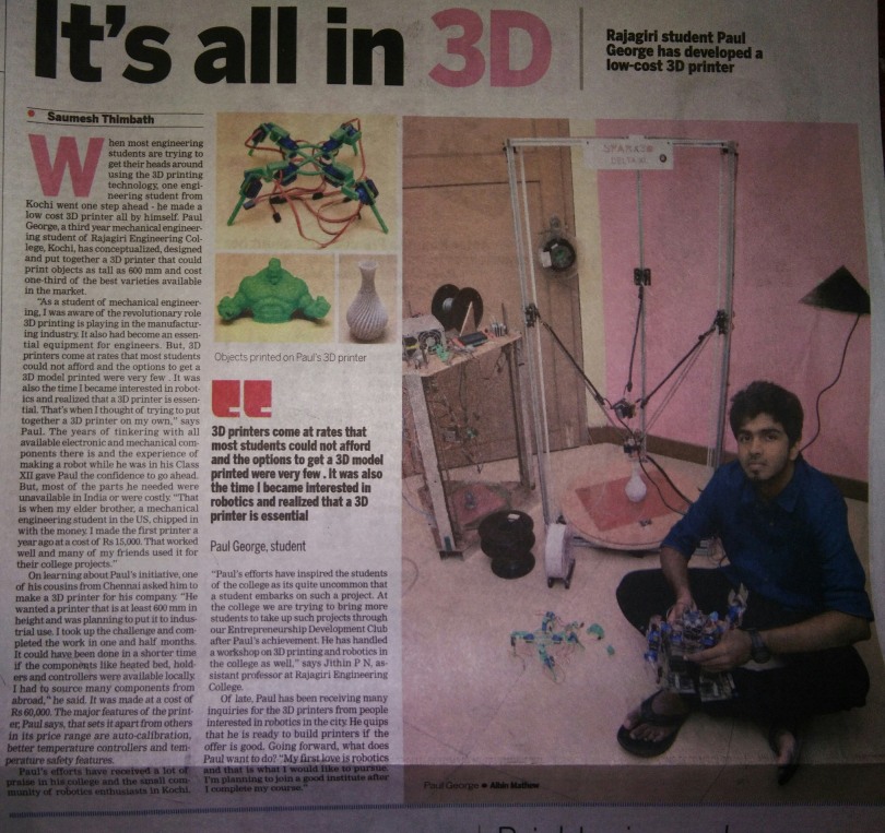 Rajagiri student paul George has developed a low-cost 3D printer
