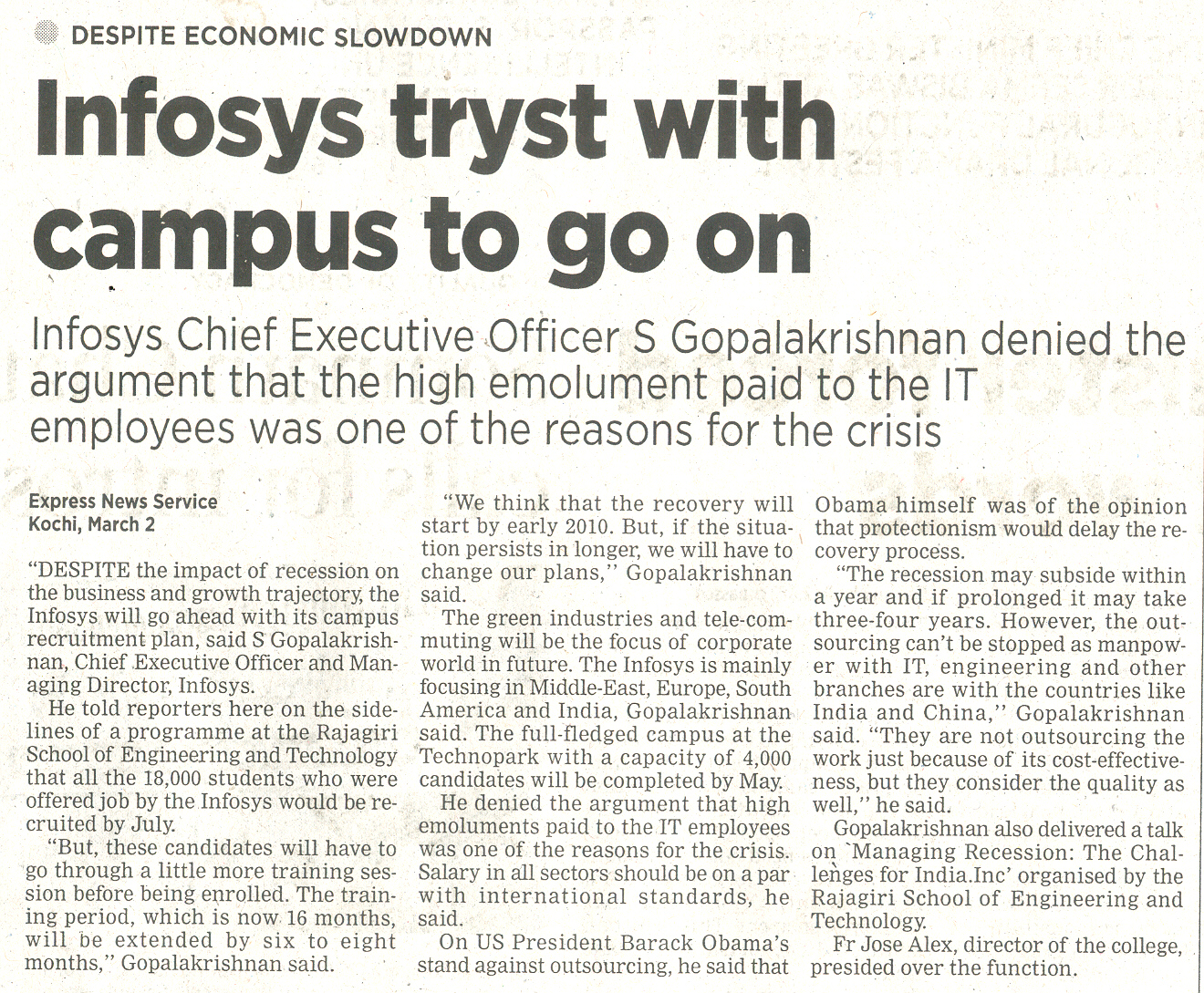 Kris Gopalakrishnan CEO, Infosys delivered Rajagiri excellence in Leadership lecture Series-09.